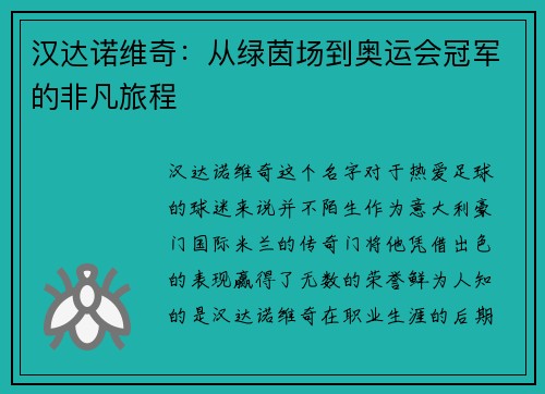 汉达诺维奇：从绿茵场到奥运会冠军的非凡旅程